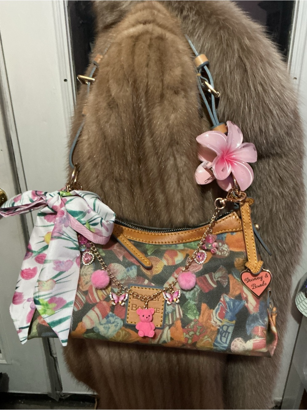 Floral Print Shoulder Bag with Pink Charm Accents